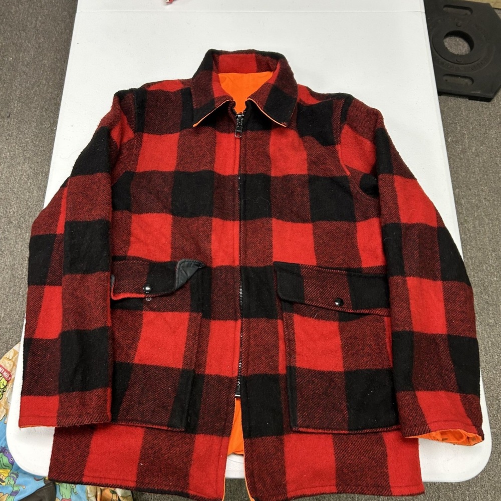 Woolrich Buffalo Plaid Jacket Mens Large Red Black Wool Blend Hunting Coat